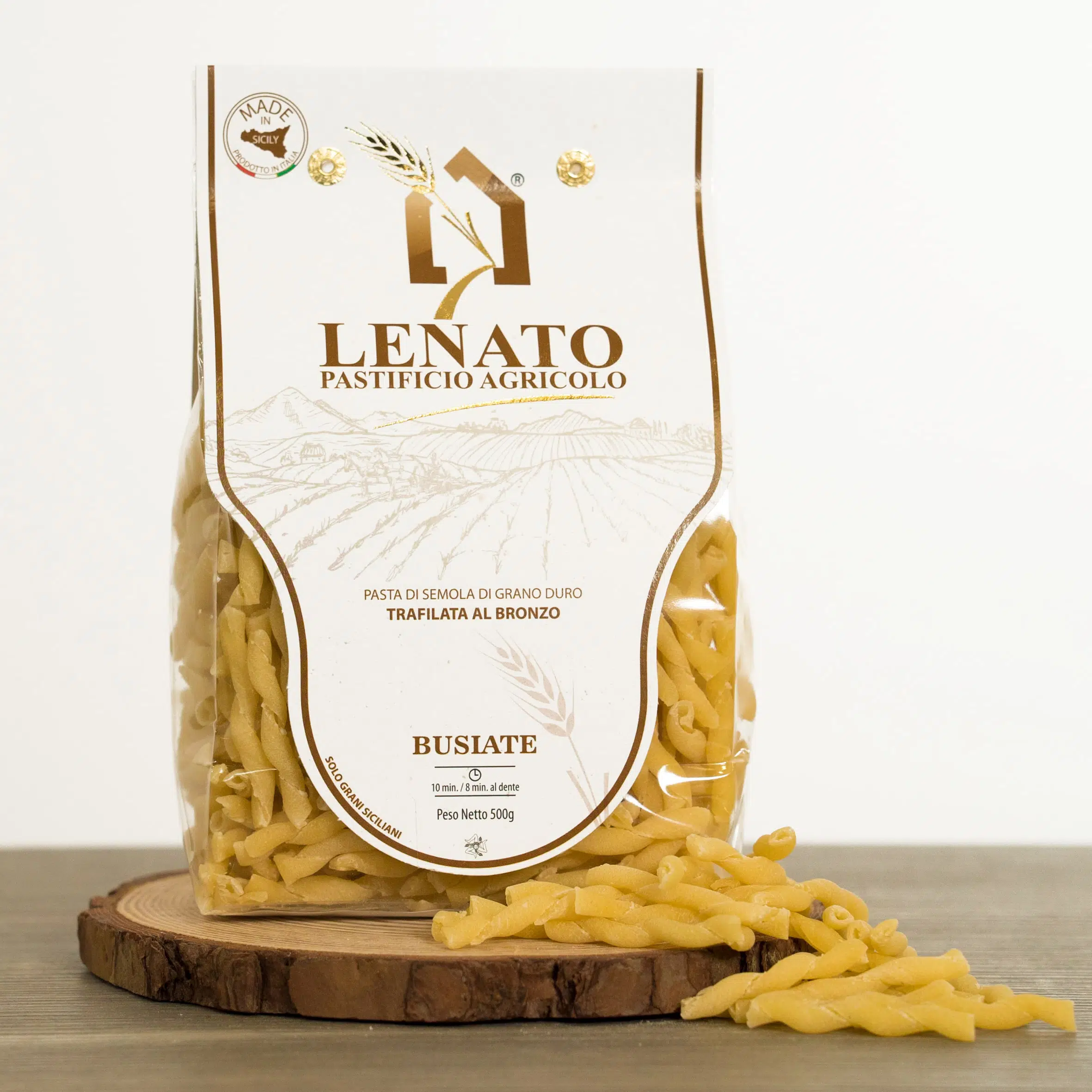 Pacchetto di pasta Busate Lenato, 500g, grano duro siciliano.