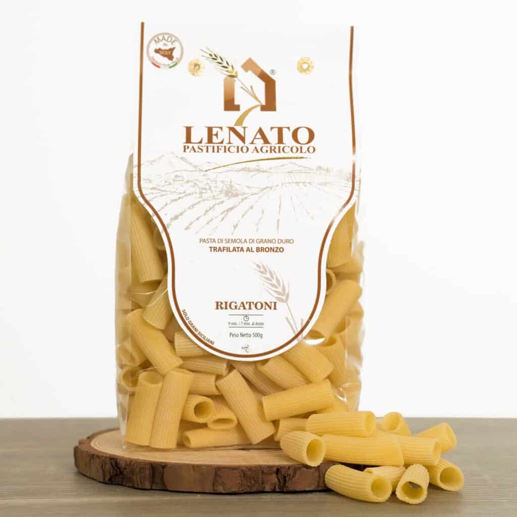 Pacchetto di rigatoni Lenato, 500g, trafilati al bronzo.
